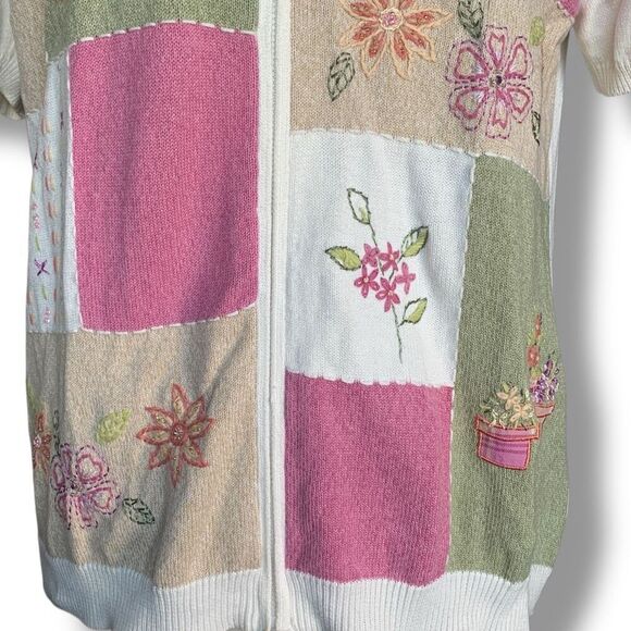 Vintage 90s Embroidered Cardigan Oatmeal Patchwork Light Pink Floral Knit Zipper - Picture 3 of 12